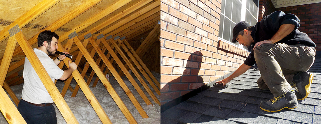 Kalebh inspecting the attic of a home with a flashlight and Dayne doing a close inspection of the roof of a home.